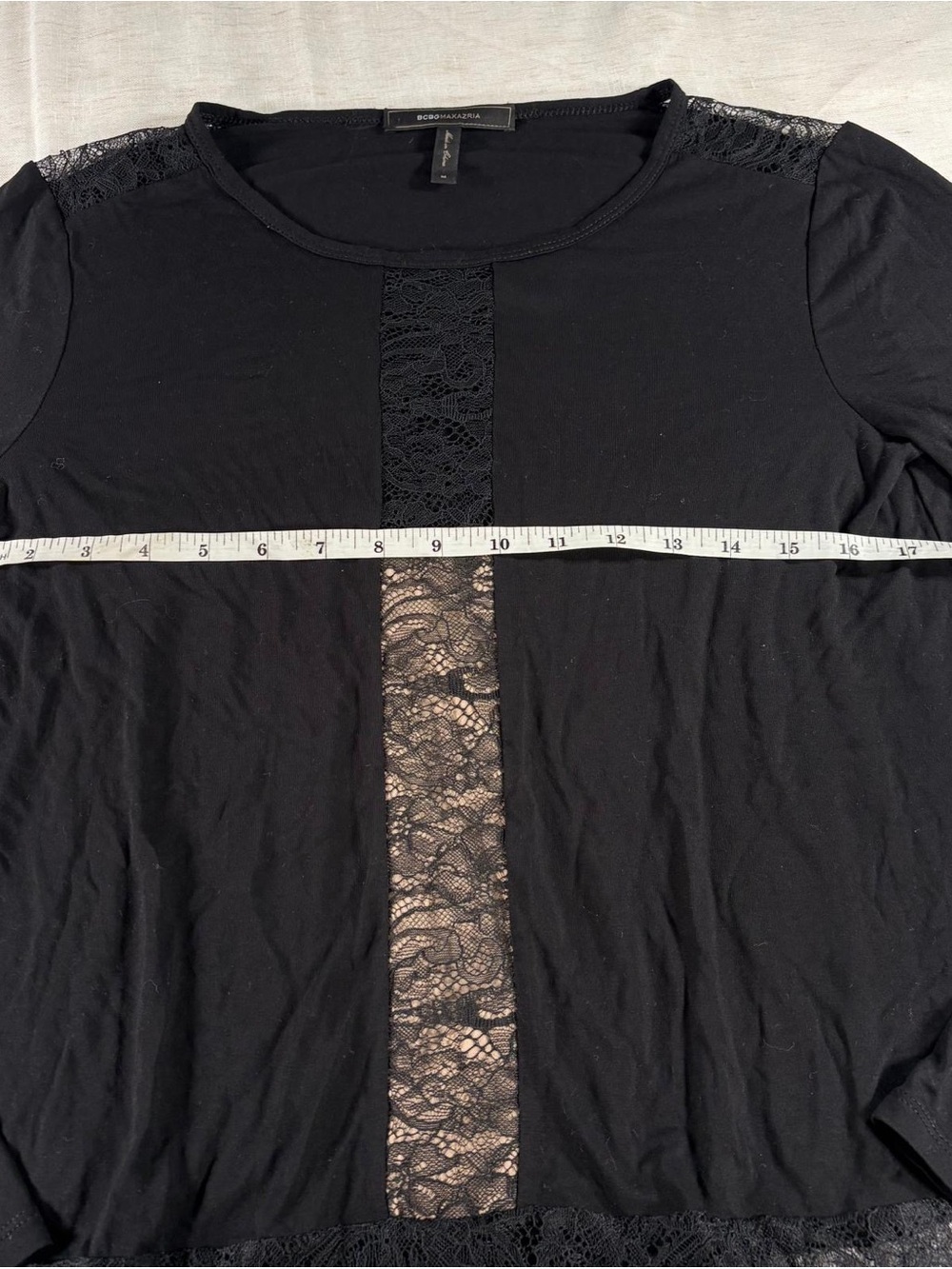 BCBGMAXAZRIA Black Solid Scoop Neck Long Sleeve Lace Hem Women's Top M - Picture 3 of 6
